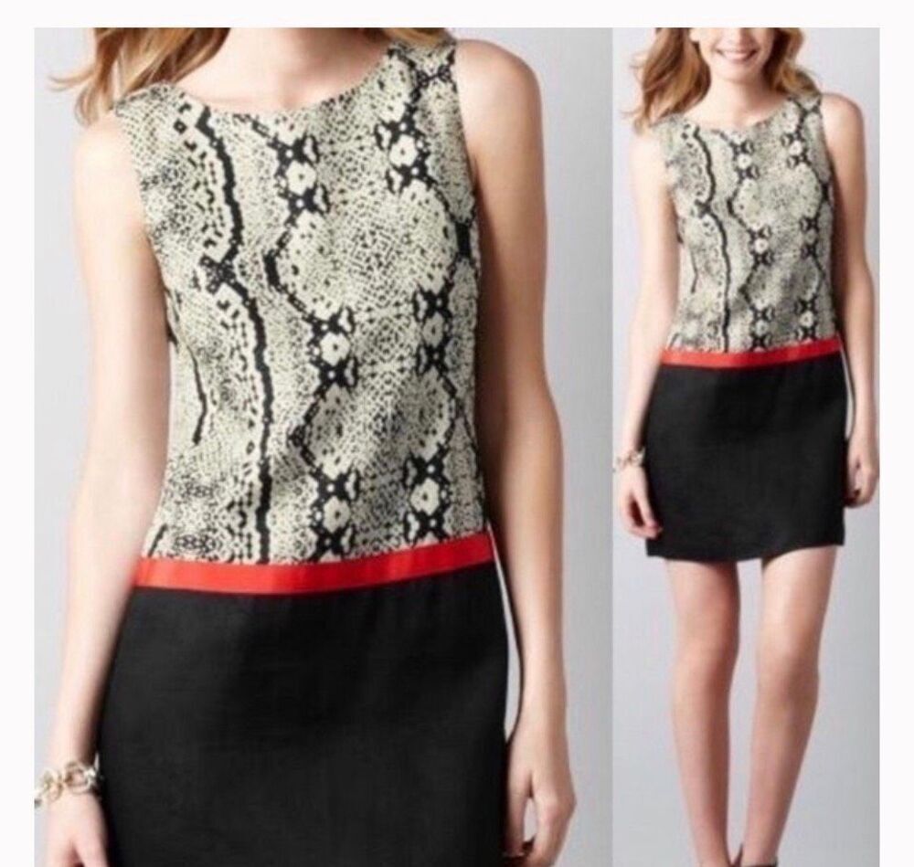 LOFT linen sleeveless mini shift dress with snakeskin print upper and black bott